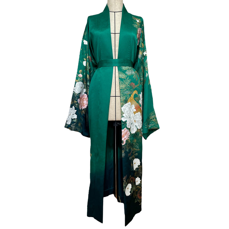 LIGHT KIMONO with Belt, Peacock in Gold Leaf