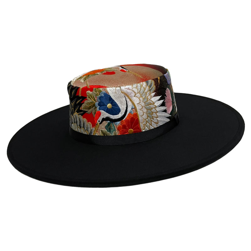 KIMONO HAT, Wide Brim, Embroidered Pattern