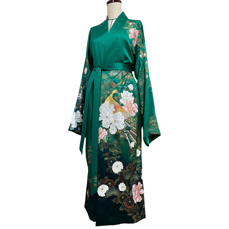 LIGHT KIMONO with Belt, Peacock in Gold Leaf