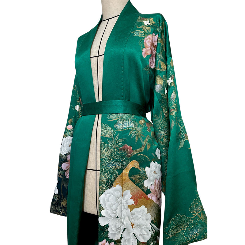 LIGHT KIMONO with Belt, Peacock in Gold Leaf