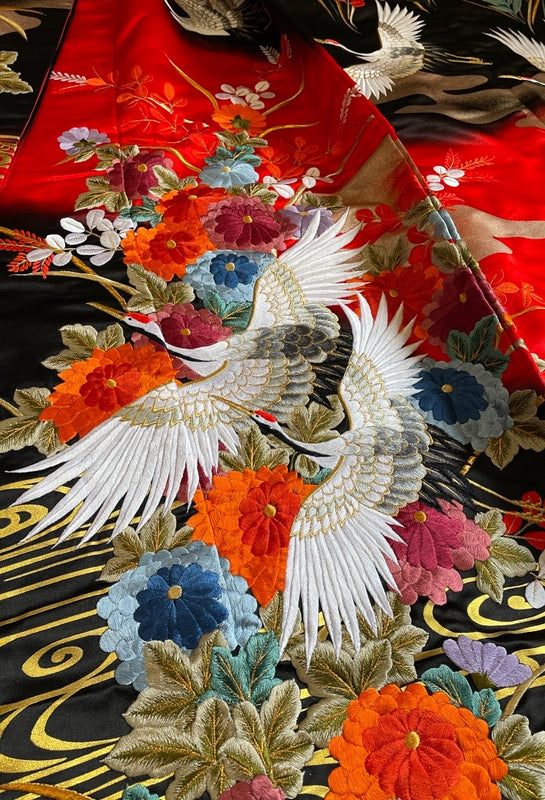 Close-up of antique and vintage Japanese silk kimono fabric with traditional patterns and history