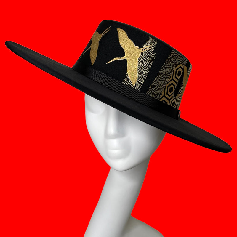 KIMONO HAT | Cranes Painted in Gold Leaf, Wide Brim | Keiko Tagai